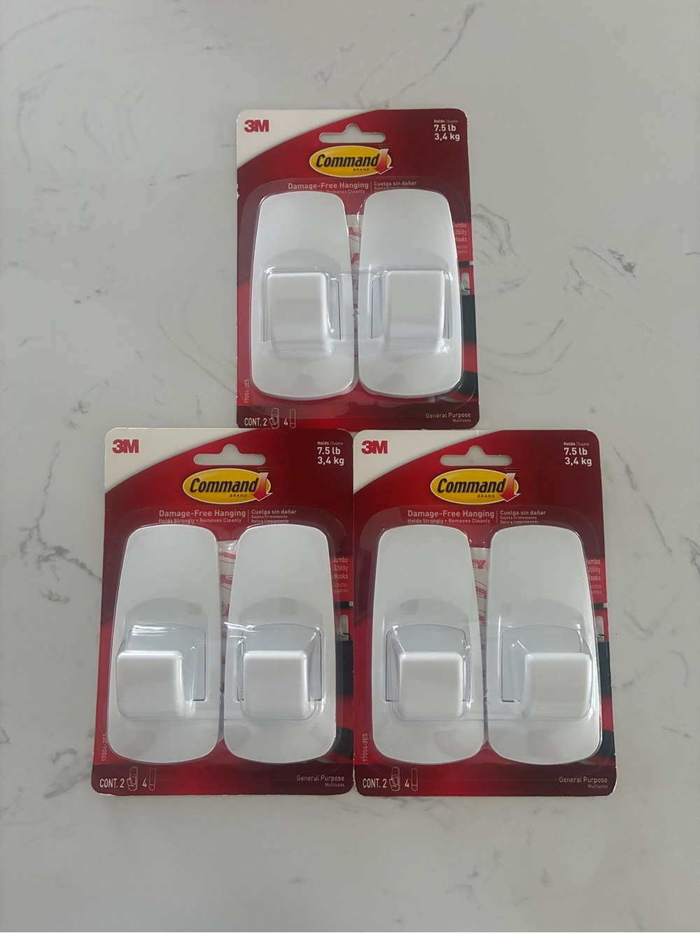 3M Command Jumbo Utility Hooks White 7.5 lb 3 Packs 6 Hooks New